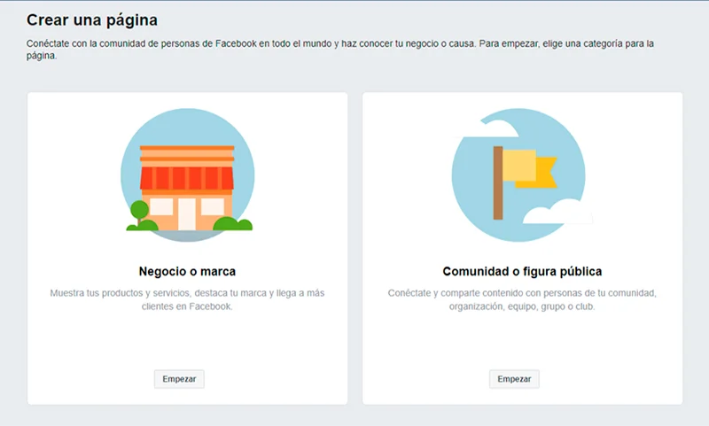 Captura de pantalla mostrando las categorías de Fan Page en Facebook