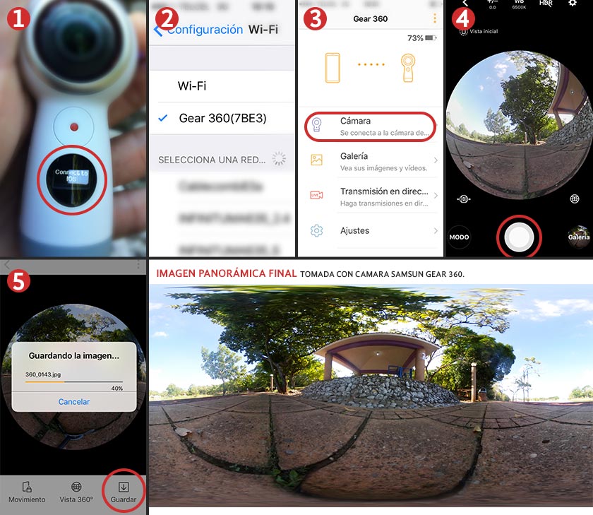 Pasos para aprender cómo tomar fotos 360 con una cámara Samsung Gear 360 vinculada a un celular