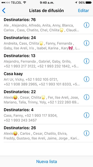 Se muestra un ejemplo de listas de difusión
