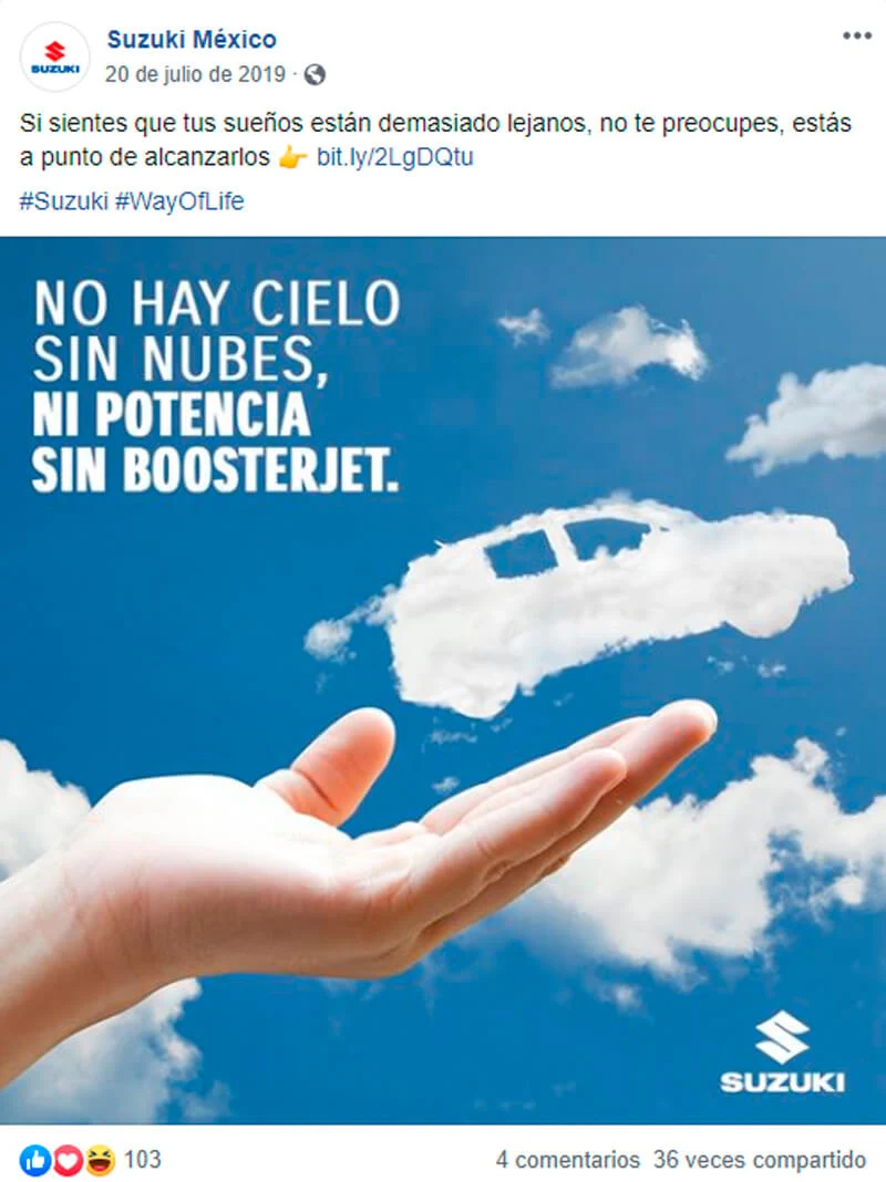 Captura de pantalla de publicación en Facebook sobre auto en forma de nube