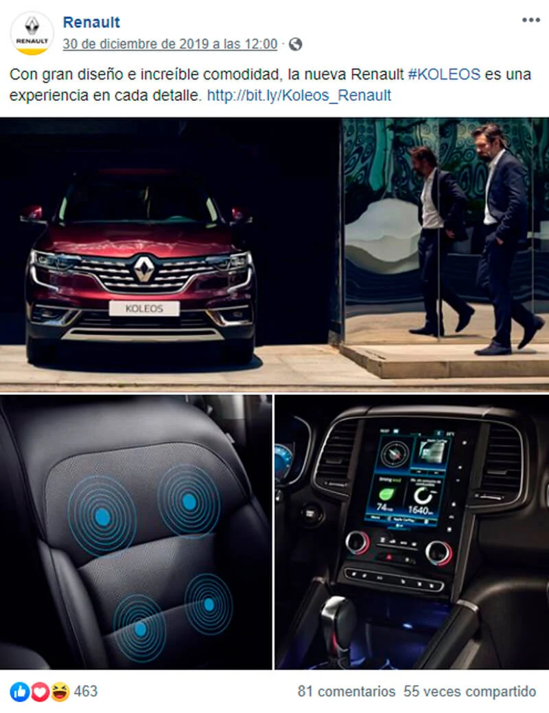 Captura de pantalla de publicación mostrando interior y exterior de auto para facebook
