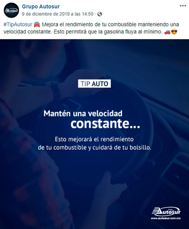 Captura de pantalla de publicación de tips de auto en Facebook
