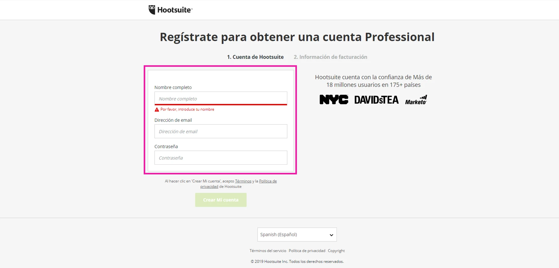 Captura de pantalla de formulario de registro