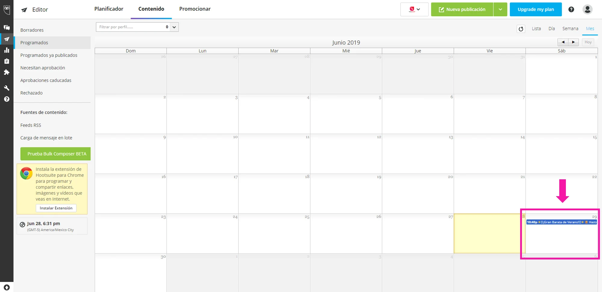 Captura de pantalla ejemplo de publicación programada en el calendario