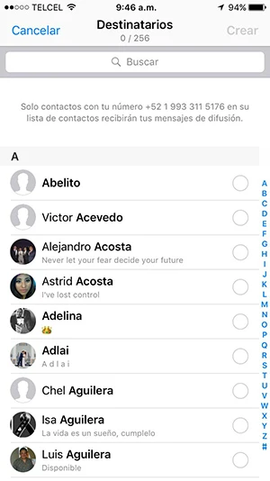 Selecciona tus contactos para la lista de difusión