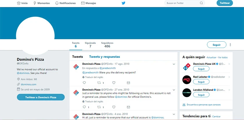 captura de pantalla del perfil de twitter dominos pizza