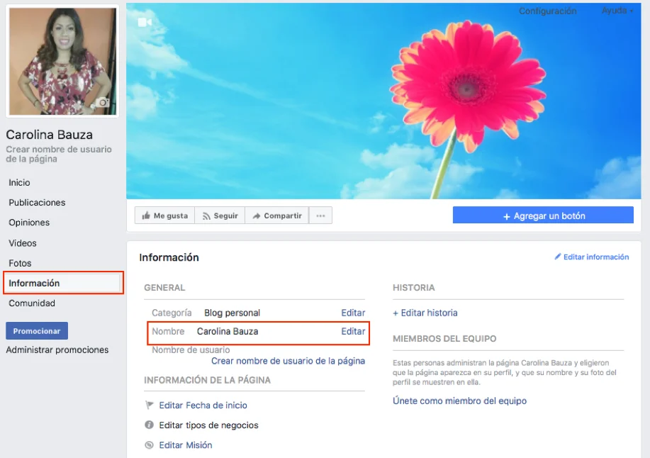 Captura de pantalla cambiando el nombre a una fan page de Facebook