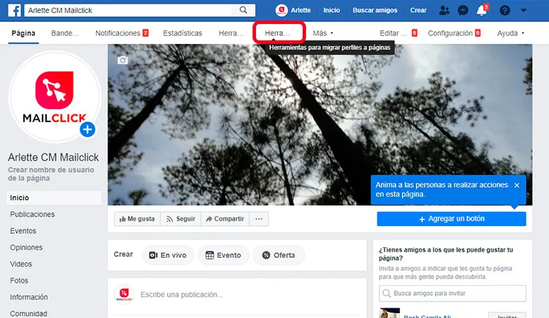 Captura de pantalla que muestra la sección de herramientas para terminar de migrar tu perfil personal a página de Facebook