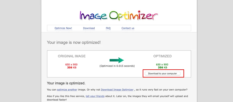 Captura de pantalla de la página Image Optimizer donde se muestra cómo descargar la imagen optimizada