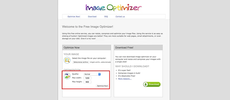 Captura de pantalla de la página Image Optimizer donde muestra cómo cambiar el tamaño de la imagen