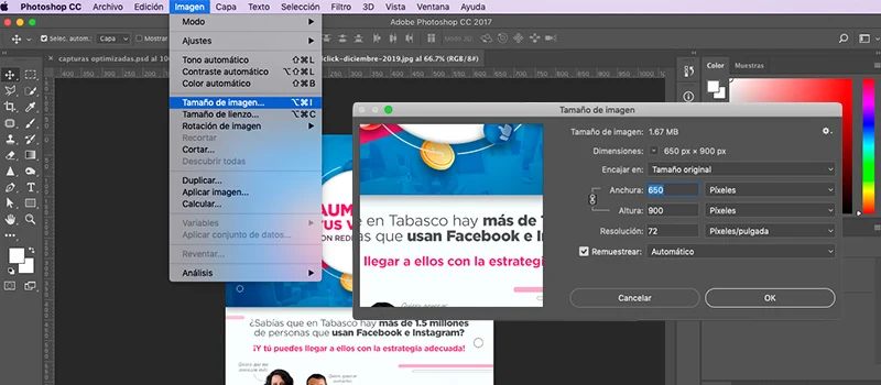 Captura de pantalla del programa photoshop donde se muestra como cambiar el tamaño de la imagen