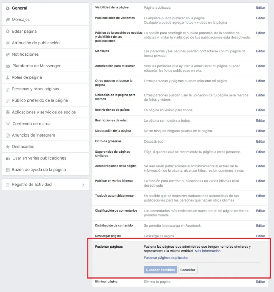 Captura de pantalla del primer paso para fusionar dos fan page de facebook