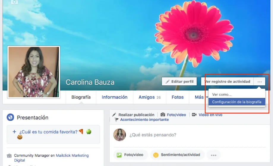 Captura de pantalla del primer paso para cambiar el nombre a un perfil de facebook