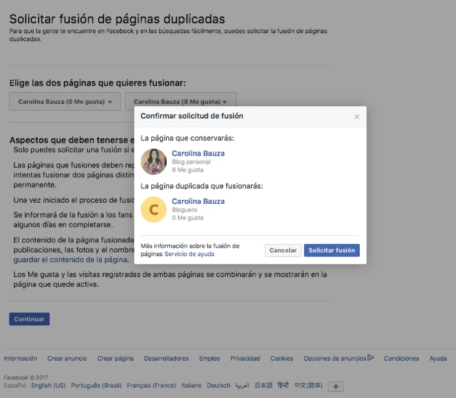 Captura de pantalla del segundo paso para fusionar dos fan page de facebook