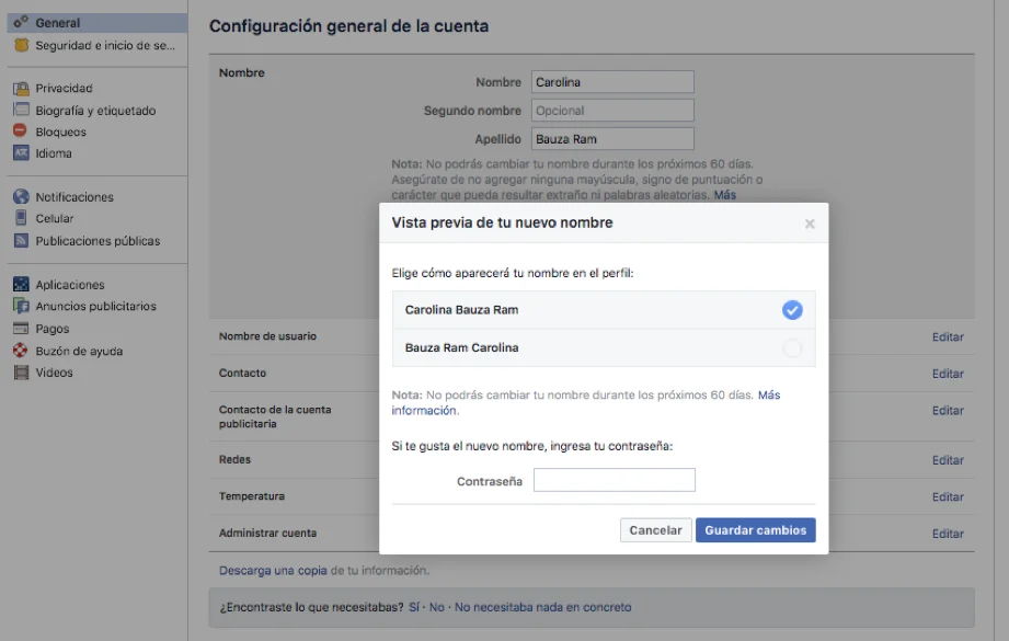Captura de pantalla del segundo paso para cambiar el nombre a un perfil de facebook