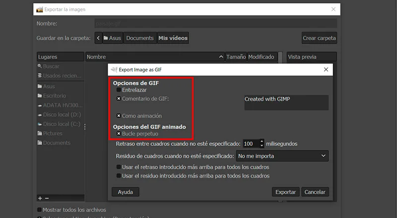 Captura de pantalla de las opciones para exportar en Gimp