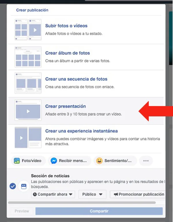 Flecha señalando la opción de crear presentación de Facebook