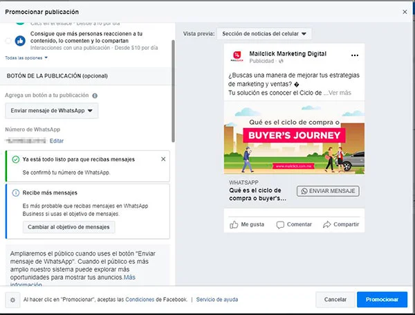 Captura de pantalla de anuncio de Facebook con botón de WhatsApp configurado