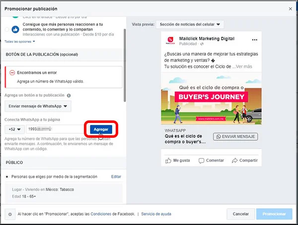 Captura de pantalla de la sección de configuración del número de WhatsApp en el anuncio de Facebook