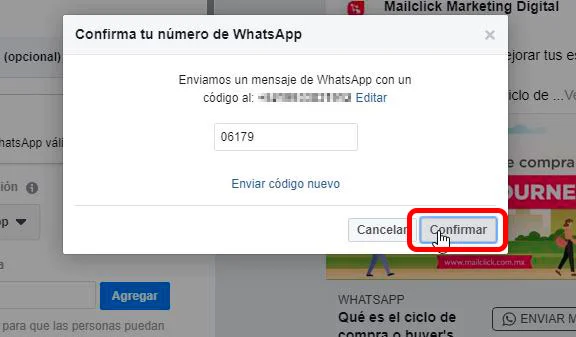 Captura de pantalla de la ventana de confirmación de número de WhatsApp