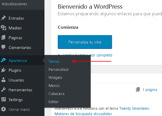 Captura de pantalla durante la instalación de un tema para WordPress del backend de WordPress menú Apariencia -> Temas