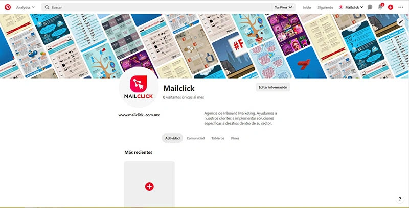 Captura de pantalla del perfil completo de Mailclick en Pinterest