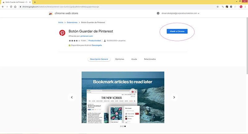 Captura de pantalla de la Chrome Web Store para agregar el botón de Pinterest al navegador
