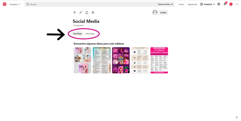 Captura de pantalla de Pinterest señalando dónde se pueden seleccionar pines para agregar a tus tableros