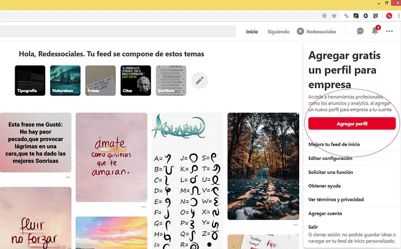 Captura de pantalla mostrando qué seleccionar para cambiar de un perfil personal a un perfil empresarial en Pinterest