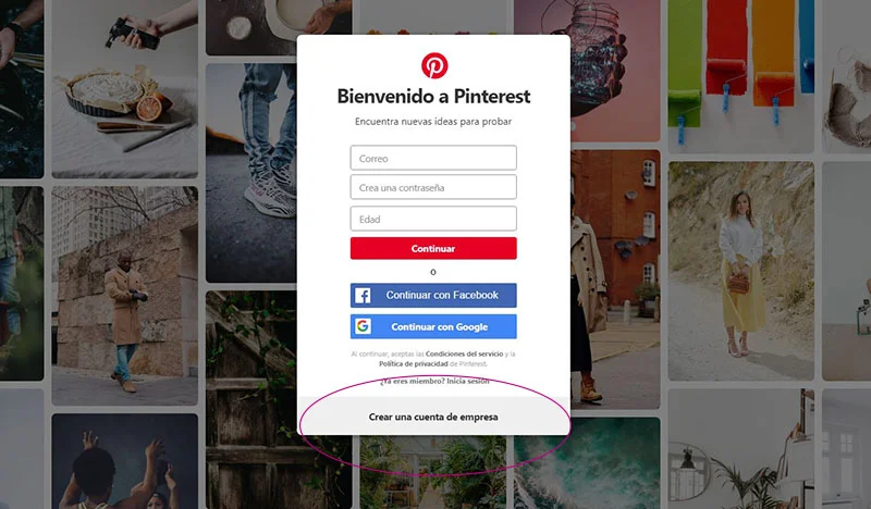 Captura de pantalla señalando el botón para crear una cuenta empresarial