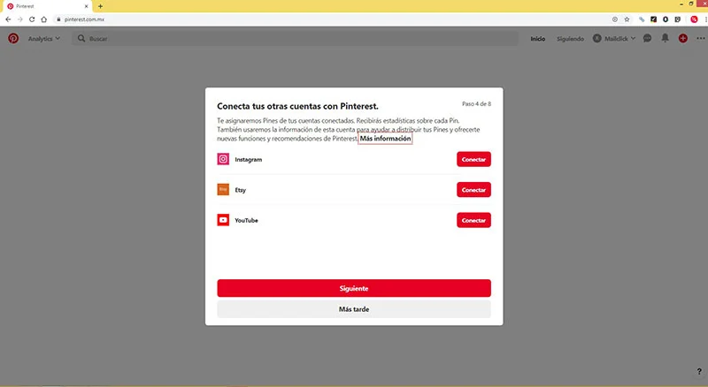 Captura de pantalla del cuarto paso: conectar la cuenta de Pinterest con otras cuentas