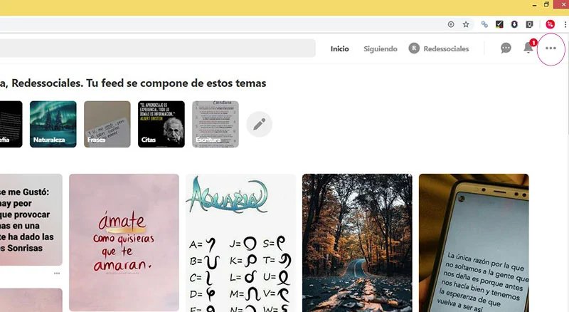 Captura de pantalla señalando del botón de la configuración en Pinterest