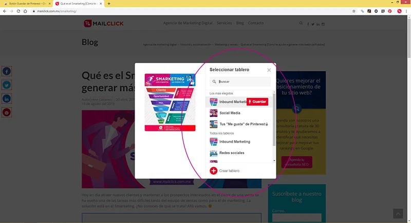 Captura de pantalla señalando la ubicación de los tableros en Pinterest