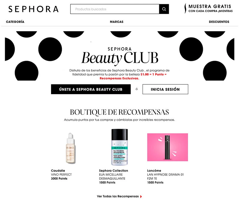Captura de pantalla de la página de Sephora como ejemplo de adquisición y promotores
