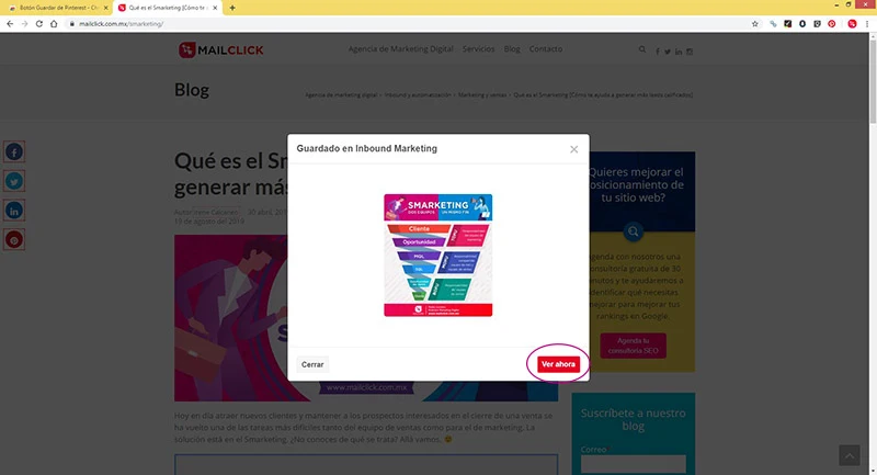 Captura de pantalla del botón "Ver ahora" para visualizar el pin en Pinterest