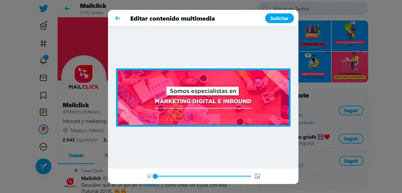 Captura de pantalla de la barra para cambiar el tamaño de la imagen de portada en Twitter