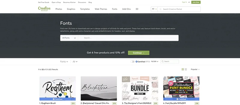 Captura de pantalla de la página Creative Market para descargar tipos de fuentes gratis