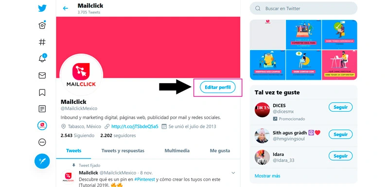 Captura de pantalla señalando el botón para editar un perfil en Twitter