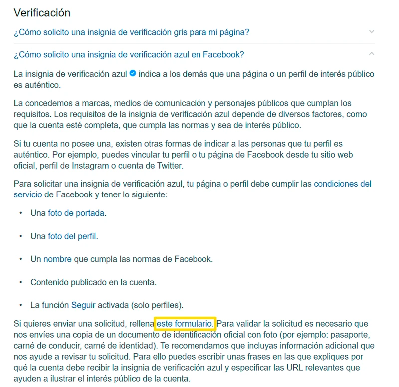 Captura de pantalla de instrucciones sobre como solicitar una verificación de una cuenta de facebook