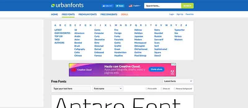 Captura de pantalla de la página Urban Fonts para descargar tipografías y fuentes gratis