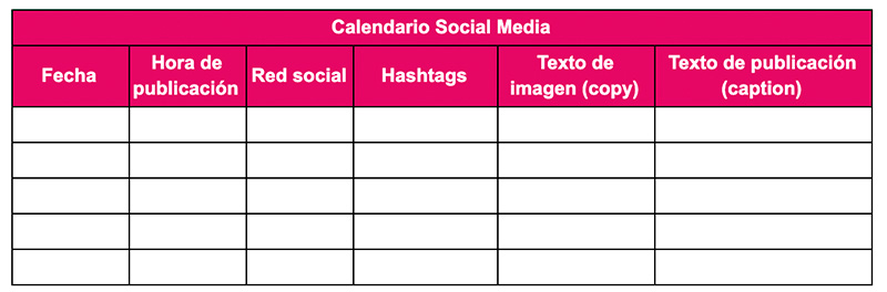 Ilustración que muestra el ejemplo de un calendario para social media