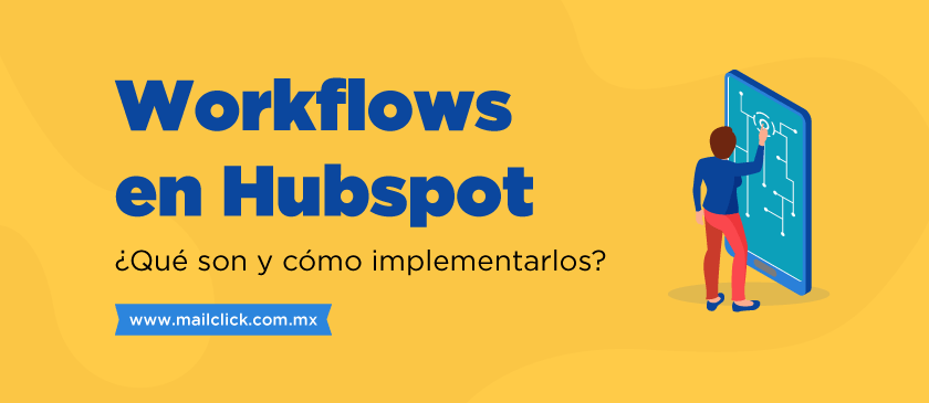 Imagen con animación de una persona dibujando un flujo en panel, como portada de artículo: Workflows en HubSpot ¿Qué son y como implementarlos?