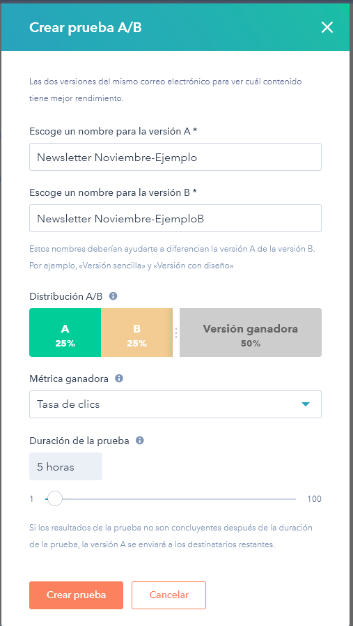 Captura de pantalla vista de configuración prueba A/B email marketing con HubSpot