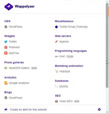 Screenshot de Wappalyzer como herramienta para ayudar a la prospección 
