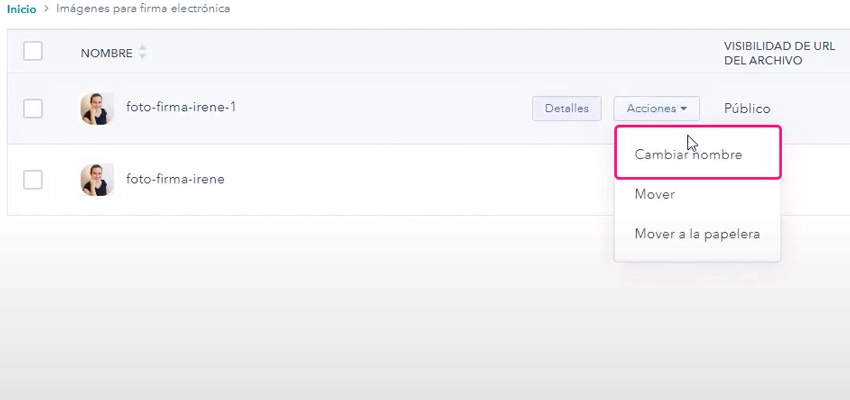 Captura de pantalla de la opción de cambiar nombre de archivo en hubspot