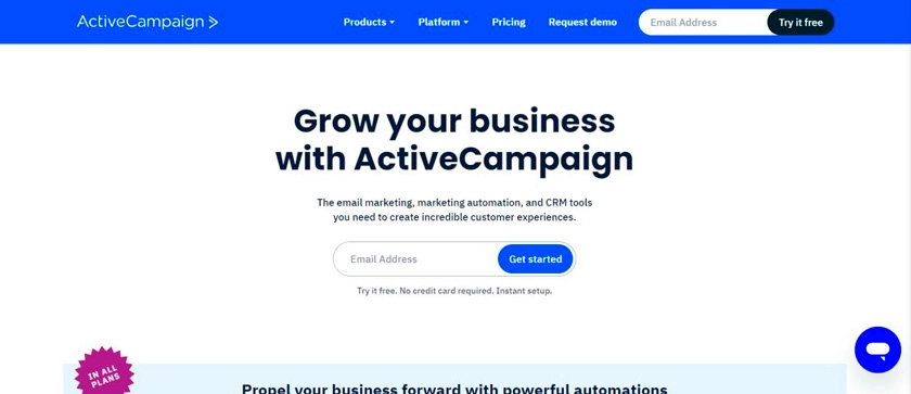 Página de inicio de plataforma ActiveCampaign 