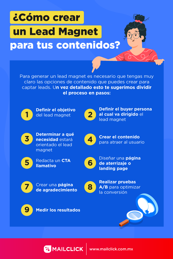 9 pasos para crear un Lead Magnet en infografía azul