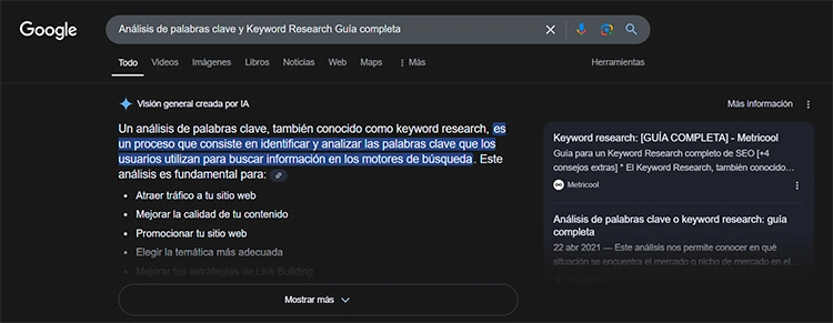 Ejemplo de un resultado de búsqueda de AI overview