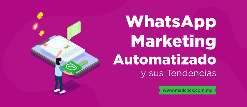 Ilustración sobre WhatsApp Marketing Automatizado y sus tendencias, mostrando un teléfono móvil con elementos interactivos y monetización